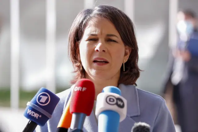 German Foreign Minister Annalena Baerbock speaks to media prior to the Foreign Affairs council in Luxembourg