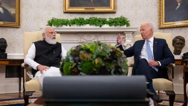 U.S. President Joe Biden (R) and Indian Prime Minister Narendra Modi participate in a bilateral meeting in the Oval Office of the White House on September 24, 2021