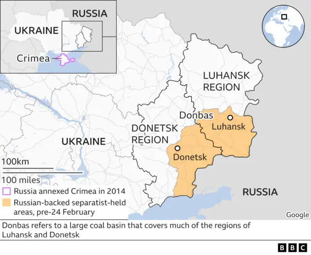 Map showing the Donestsk and Luhansk regions of eastern Ukraine