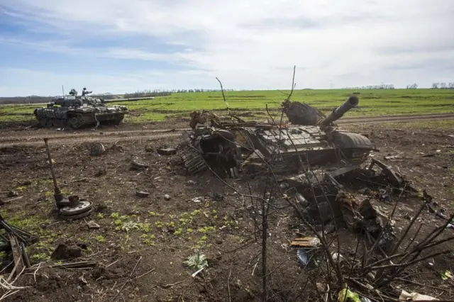 A picture released by the Ukrainian military which appears to show destroyed Russian tanks