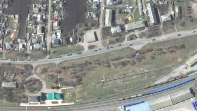 Aerial view of a Russian convoy moving through Velykyi Burluk