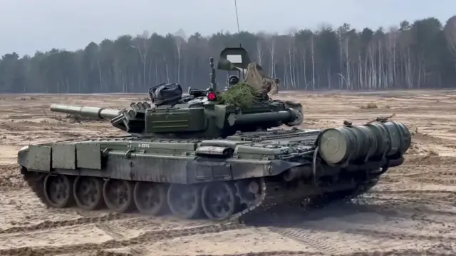 A tank during a joint military exercise between Belarus and Russia on 11 February 2022