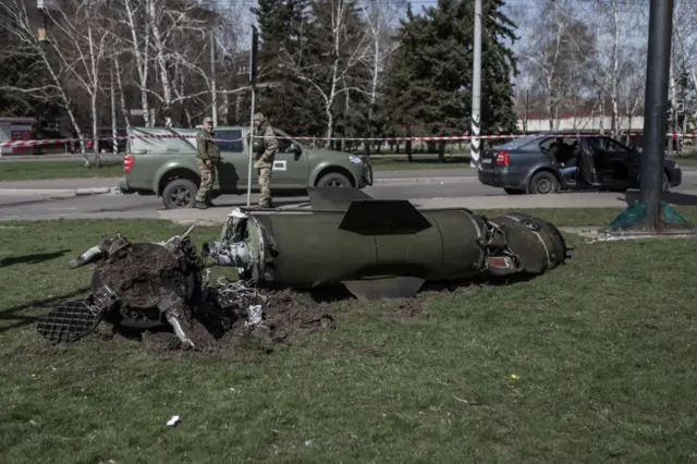 The remnants of one of the rockets that hit Kramatorsk train station on 9 April