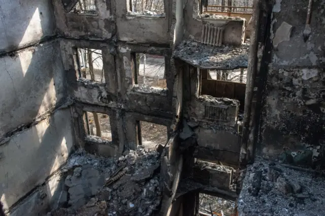 A building destroyed after shelling in Kharkiv on 10 April