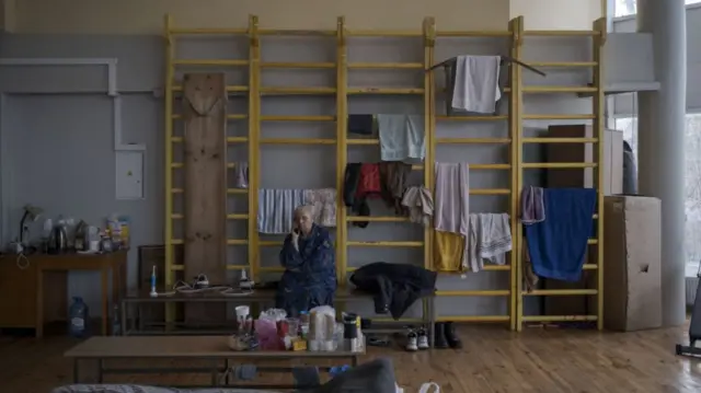 Evacuees living in a gym in Lviv