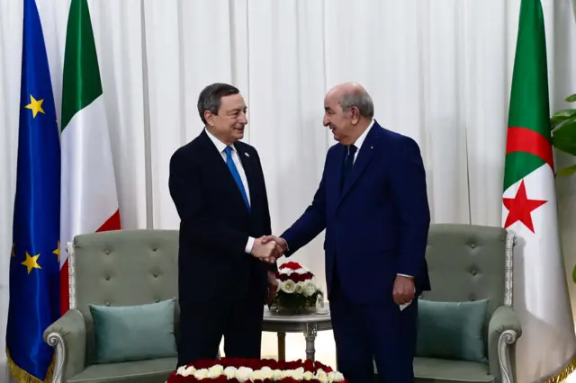 Algerian President Abdelmadjid Tebboune meets Italian Prime Minister Mario Draghi at the palace of El Mouradia in Algiers, Algeria on 11 April, 2022