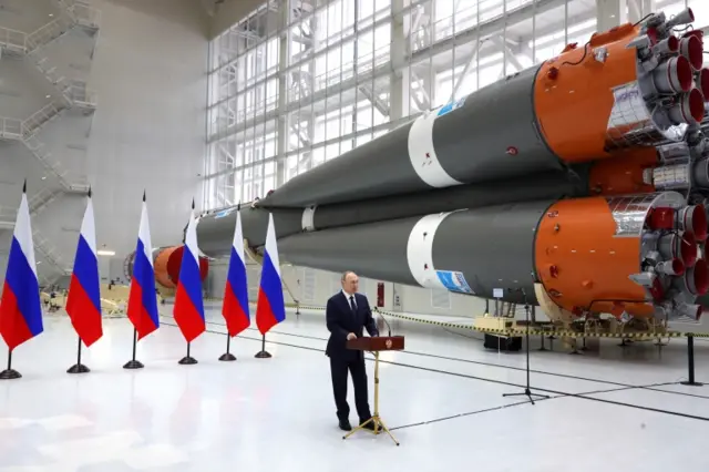 Russian President Vladimir Putin delivers a speech, as he visits the Vostochny Cosmodrome outside the city of Tsiolkovsky