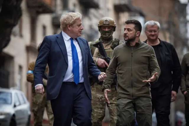 Ukraine Government handout photo dated 09/04/22 of Prime Minister Boris Johnson with President of Ukraine Volodymyr Zelensky, during his visit to Kyiv the Ukrainian capital.