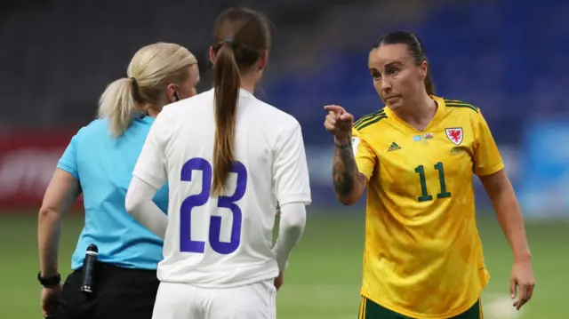 Wales forward Natasha Harding reacts after being fouled