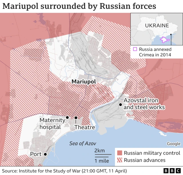 Map showing Russian attacks and areas of control of Mariupol as of 21:00 GMT 11 April