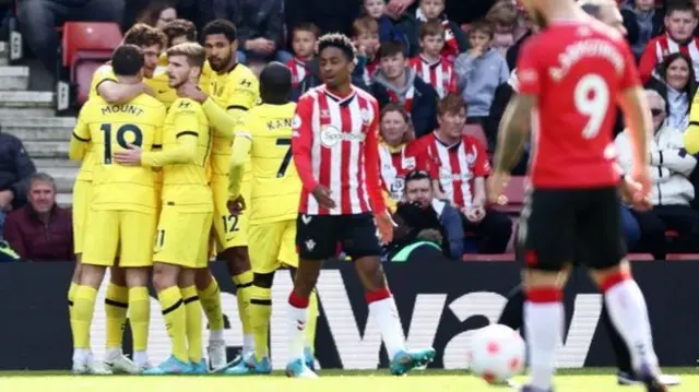 Chelsea (left) celebrate scoring against Southampton