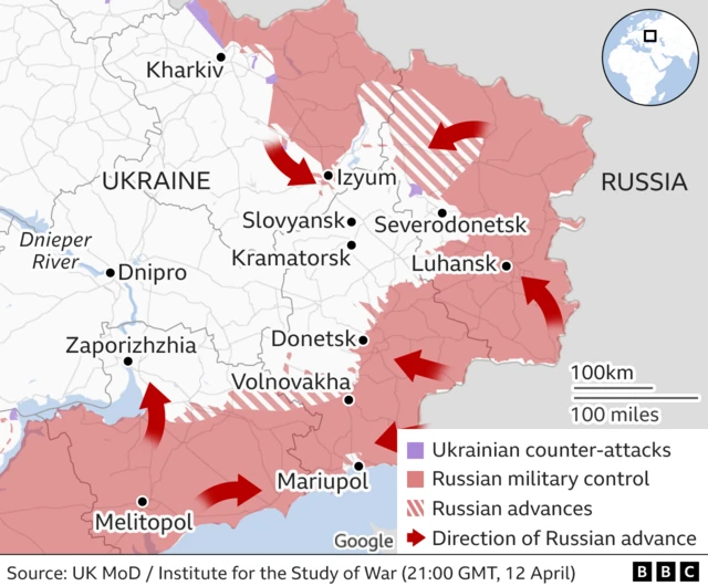 A map showing the Russian advance in eastern Ukraine