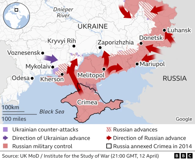 Map showing Russian advances in the south east