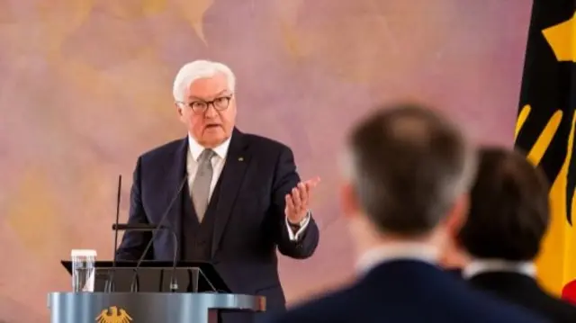 German President Frank-Walter Steinmeier speaks during a ceremony to award the Cross of Merit with star, to German politician of the Christian Democratic Union (CDU) Volker Kauder, at the Bellevue Palace in Berlin, Germany, 11 April 2022.