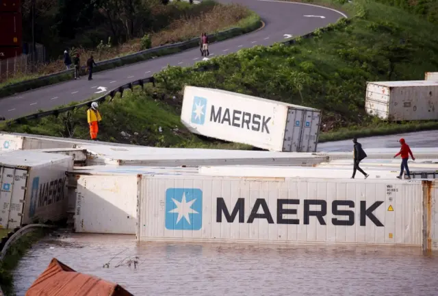 A view of shipping containers, which were washed away after heavy rains caused flooding, in Durban, South Africa, April 12, 2022.