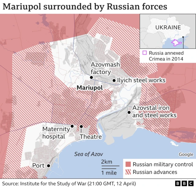 Map showing areas of Mariupol controlled by Russian forces