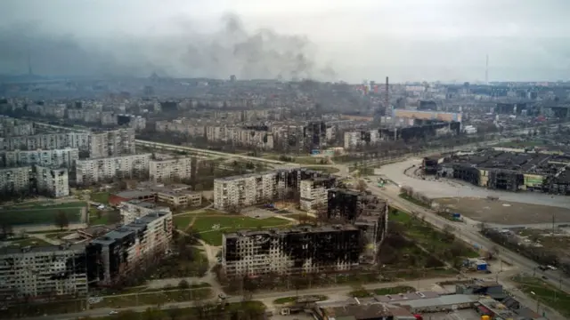 An aerial view taken on April 12, 2022, shows the city of Mariupol, during Russia's military invasion launched on Ukraine