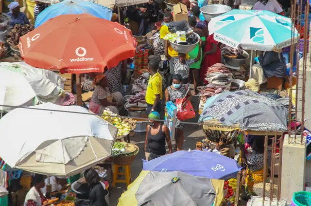 A view of a crowded marketplace in Accra, Ghana - 2020