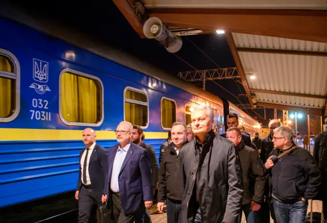 Latvian President Egils Levits, Polish President Andrzej Duda, and Lithuanian President Gitanas Nauseda board a train to Ukraine