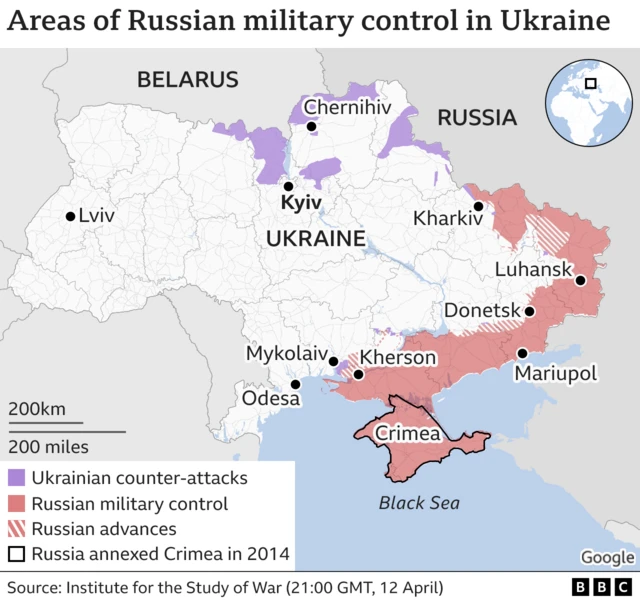 Areas of Russian military control in Ukraine