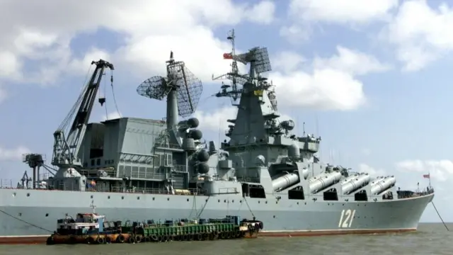 A Russian missile cruiser "Moskva" is anchored near Mumba