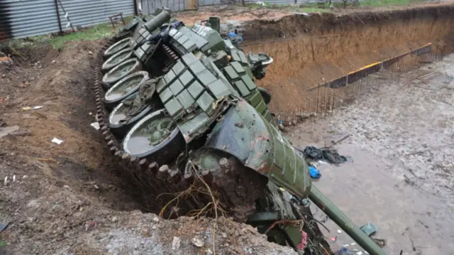 A russian tank in a ditch