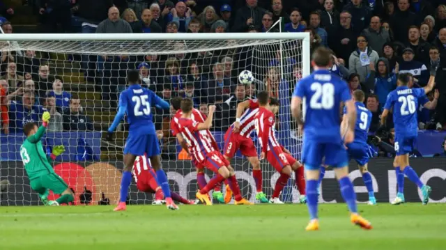 Jamie Vardy scores against Atletico Madrid