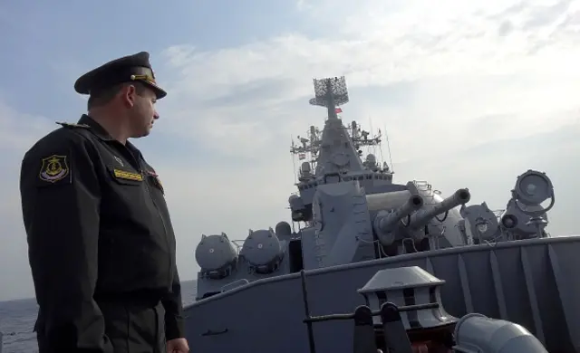 A sailor onboard the Moskva cruise ship