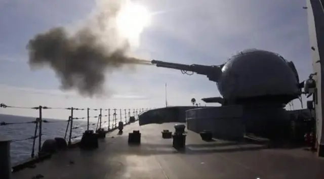 A cannon fires from the Moskva missile cruiser. File photo