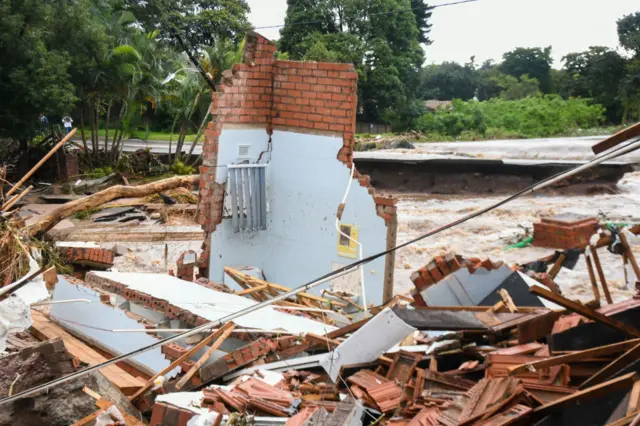 Part of Caversham road in Pinetown has been washed away on April 12, 2022 in Durban, South Africa.