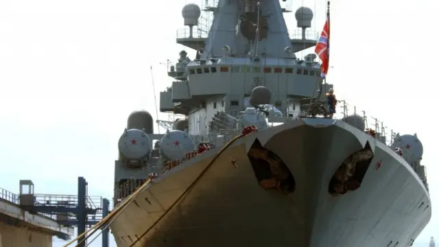 The Russian Federation cruiser Moskva is moored at the Naples civilian port