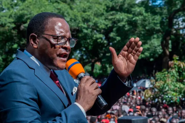 Lazarus Chakwera addresses supporters during celebrations outside the MCP Headquarters in Lilongwe on February 4, 2020