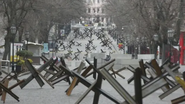 General view of a barricaded street in the South Ukrainian city of Odesa, Ukraine, 18 March 2022