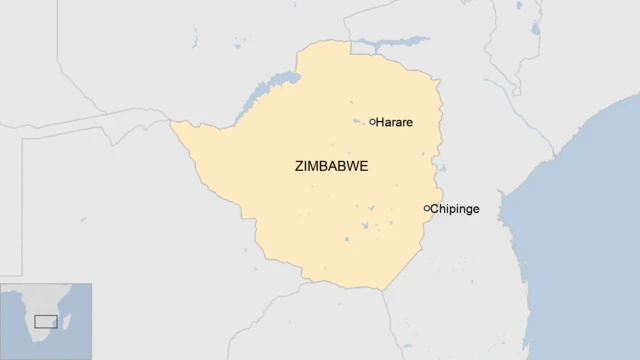 A map showing Chipinge and Harare in Zimbabwe.