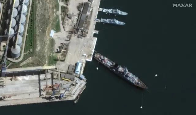 Satellite image of Moskva cruise warship in Sevastopol, Crimea on 7 April