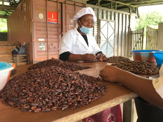 A worker sorts the produce on a table at Roça de Diogo Vaz plantation.