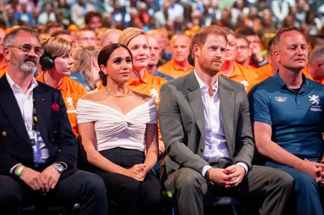 Prince Harry Duke of Sussex and Meghan Duchess of Sussex attend the opening ceremony of the Invictus Games at Zuiderpark on April 16, 2022 in The Hague, Netherlands.