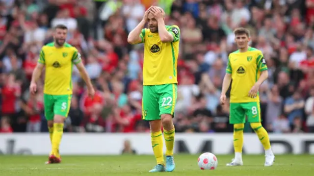 Teemu Pukki (centre) reacts to Norwich falling behind