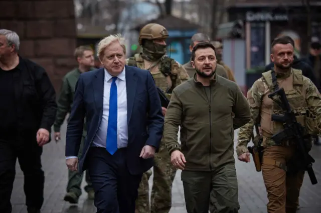 Prime Minister Boris Johnson with President of Ukraine Volodymyr Zelensky, during the prime minister"s visit to Kyiv the Ukrainian capital