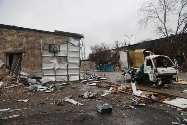 A view of damaged building in the Ukrainian city of Mariupol