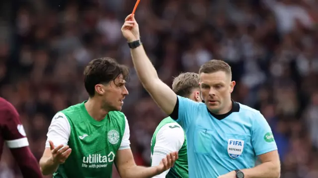 Joe Newell is sent off in the 64th minute for Hibs