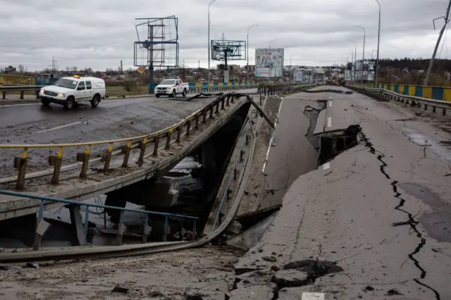 A view of the damaged bridge on April 16, 2022 in Irpin, Ukraine