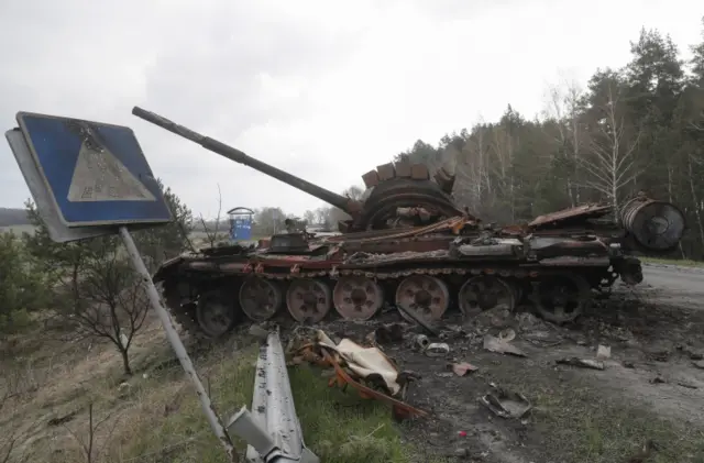 A destroyed Russian tank outside Kyiv