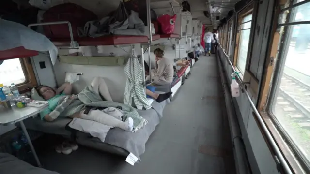 Injured people on board a train in Dnipro