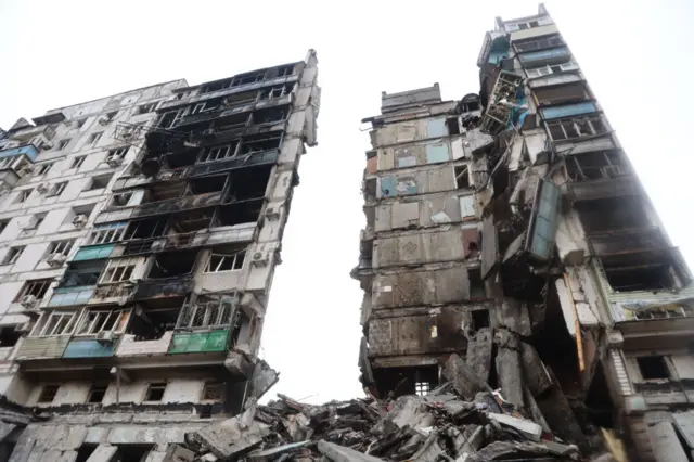 A view of partially destroyed building in the Ukrainian city of Mariupol under the control of Russian military and pro-Russian separatists, on April 13, 2022.