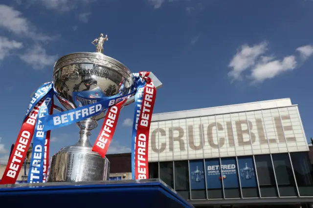 World Snooker Championship trophy in front of the Crucible