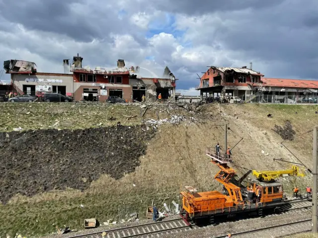 A view of damage after five aimed missile strikes hit Lviv