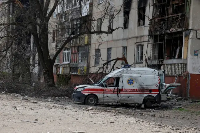 A view shows an ambulance damaged by a military strike, as Russia's attack on Ukraine continues, in Sievierodonetsk, Luhansk region, Ukraine April 16, 2022