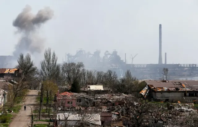 Smoke rises from the area of Mariupol's huge Azovstal steelworks