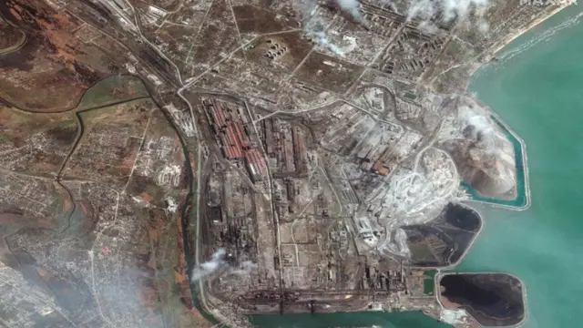 Ukrainian troops are holed up in the huge Azovstal steelworks, seen here in a satellite image